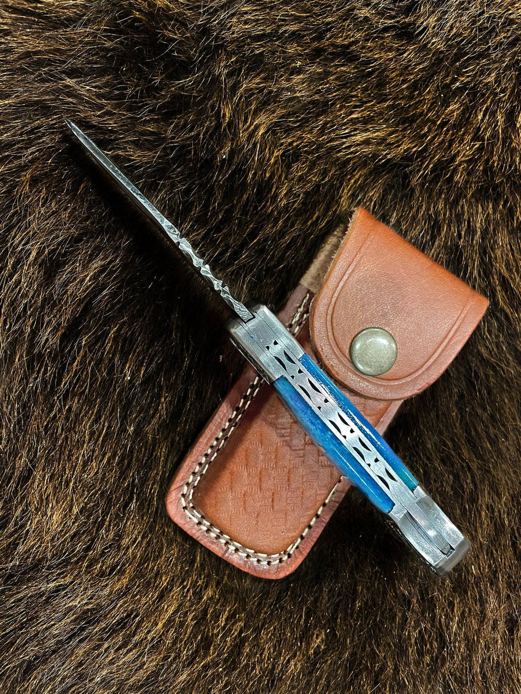 Damascus Steel Knife  - Steel Pocket Knife Dyed Blue Bone 6.5''