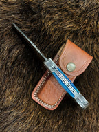 Damascus Steel Knife  - Steel Pocket Knife Dyed Blue Bone 6.5''