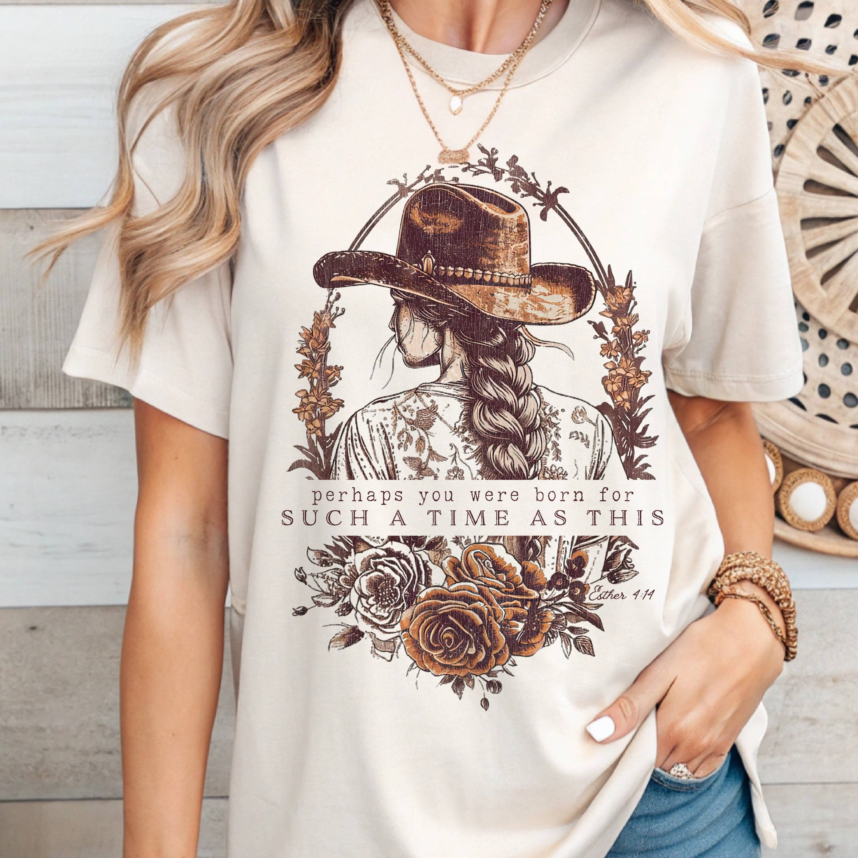 Made for Such a Time Faith-Inspired Cowgirl Western T-Shirt: Brown on White / L