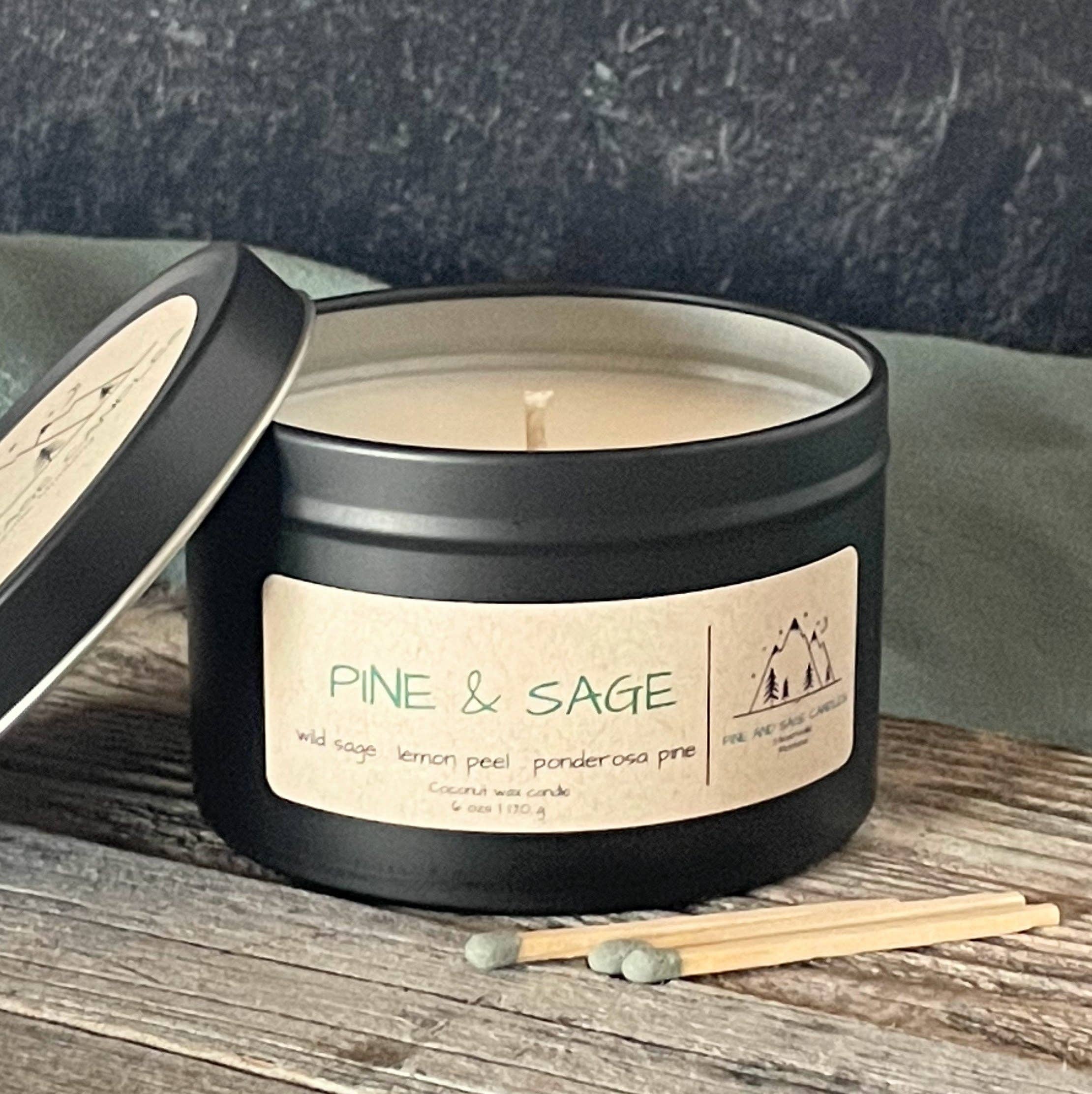 Pine & Sage-6 oz. Black Matte Candle Tin: 6 oz