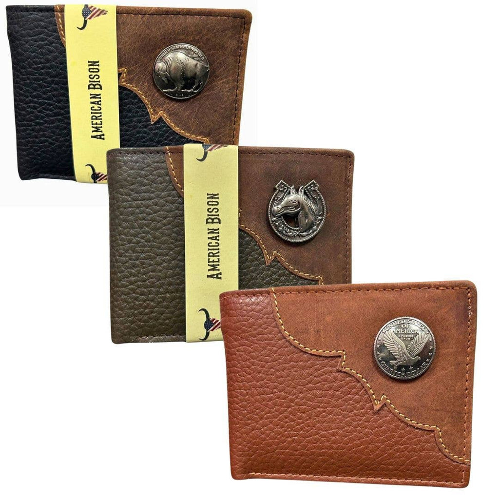 Mixed Media Two Tone Bifold Rodeo Wallet w/ Medallion AB1916: Black / Eagle