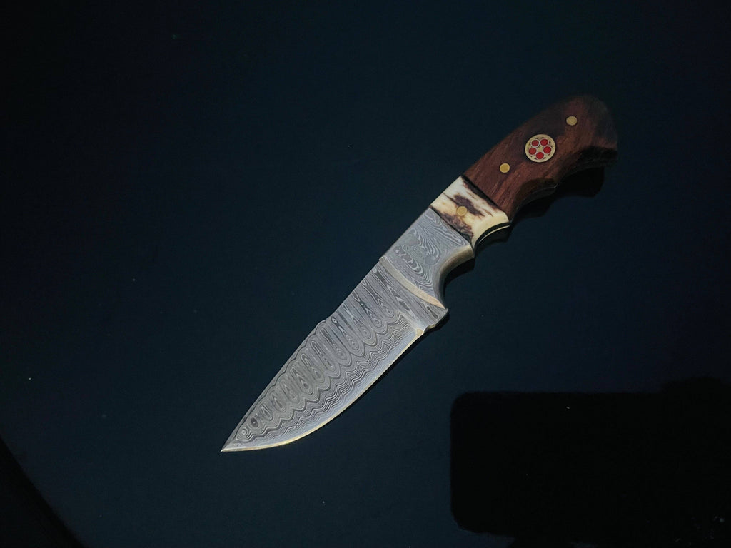 DAMASCUS STEEL FIXED BLADE KNIFE WITH WALNUT & STAG HORN HANd