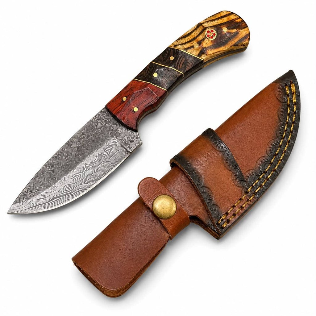 Damascus Steel Drop Point Skinning Knife – Tiger Bamboo, Wenge & Rosewood Handle -TKT-6