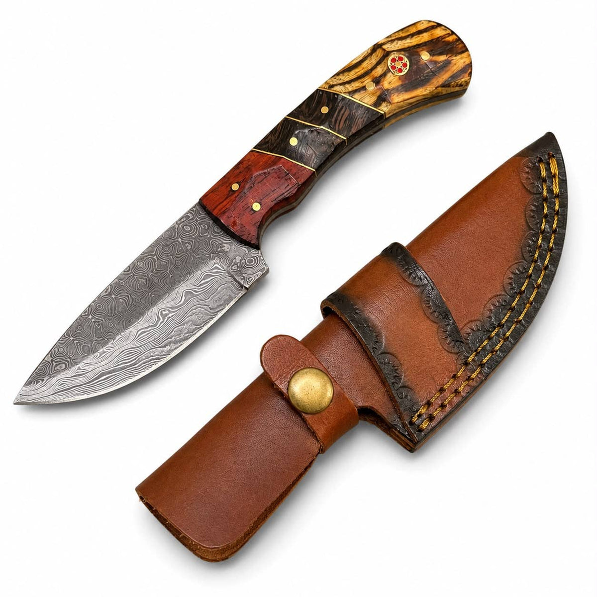 Damascus Steel Drop Point Skinning Knife – Tiger Bamboo, Wenge & Rosewood Handle -TKT-6