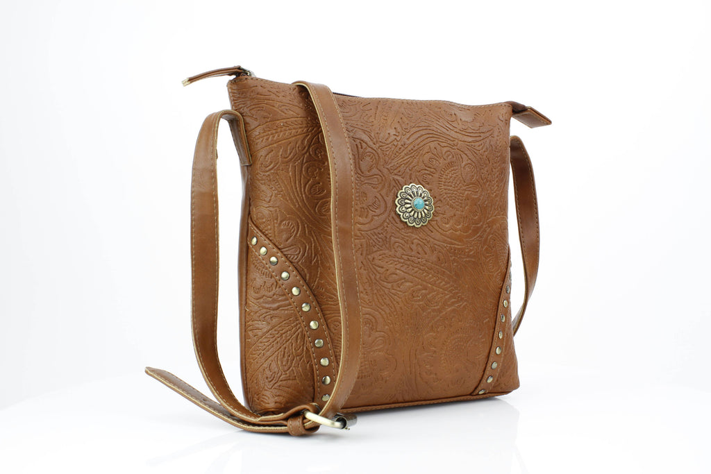 Vegan Leather Filigree Messenger with Concho RMHB 40 2504: Tan