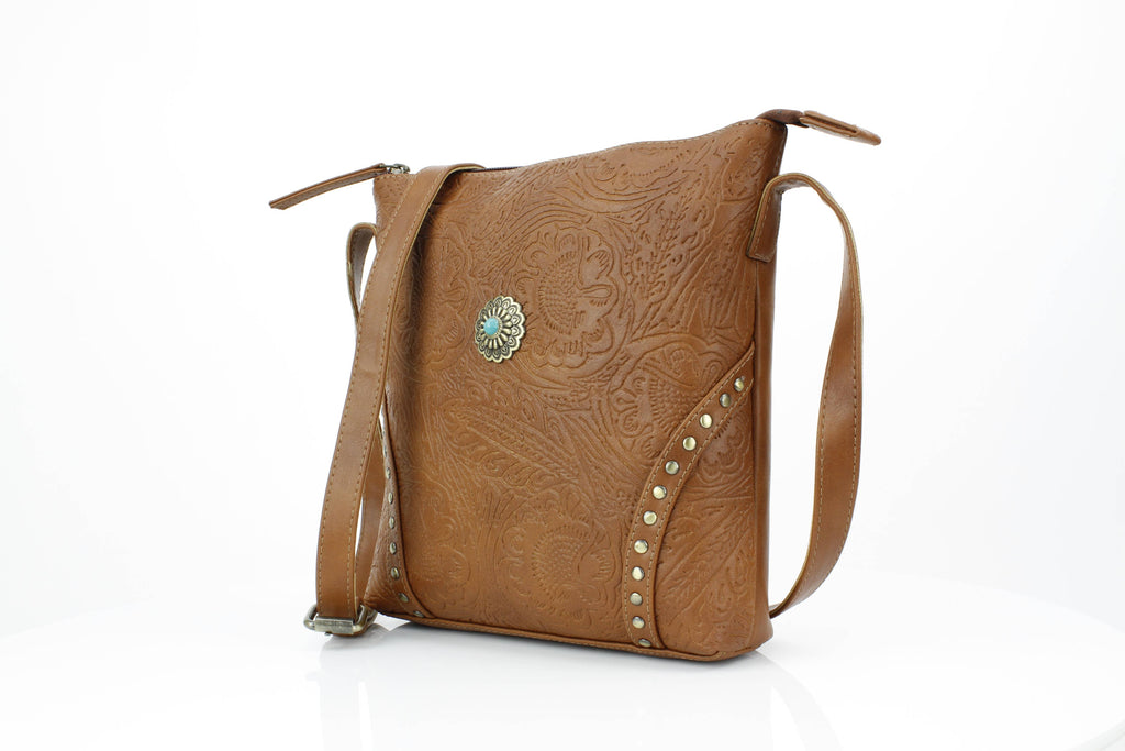 Vegan Leather Filigree Messenger with Concho RMHB 40 2504: Tan