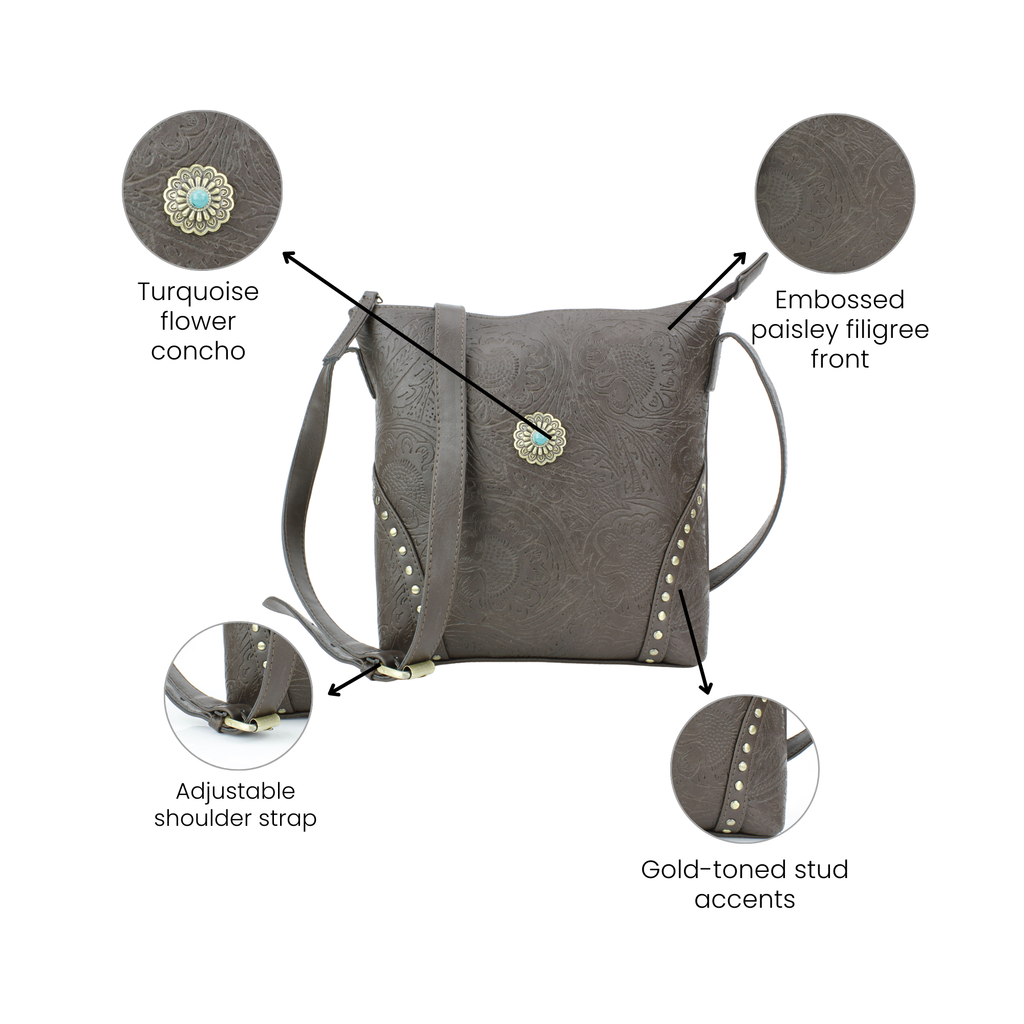 Vegan Leather Filigree Messenger with Concho RMHB 40 2504: Tan