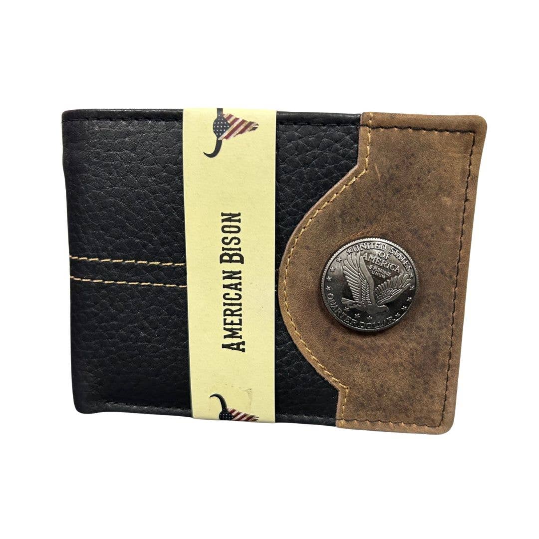 Mixed Media Two Tone Bifold Rodeo Wallet w/ Medallion AB1916: Black / Eagle