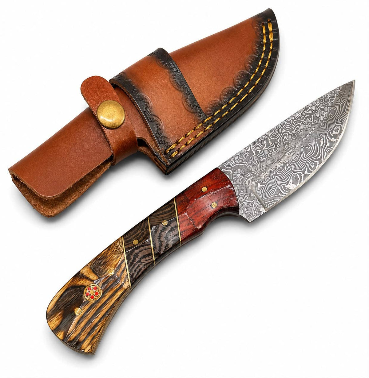 Damascus Steel Drop Point Skinning Knife – Tiger Bamboo, Wenge & Rosewood Handle -TKT-6
