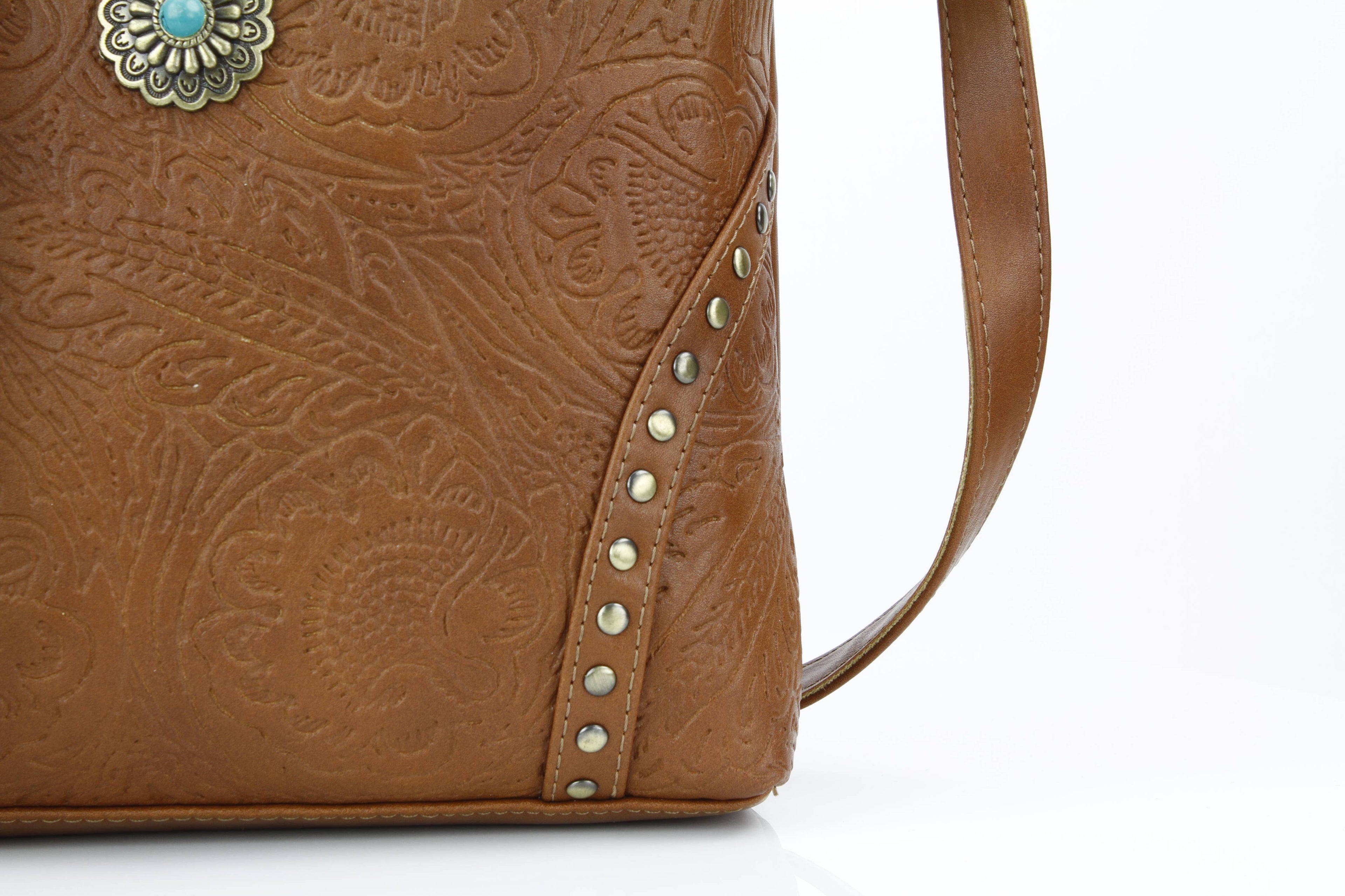 Vegan Leather Filigree Messenger with Concho RMHB 40 2504: Tan