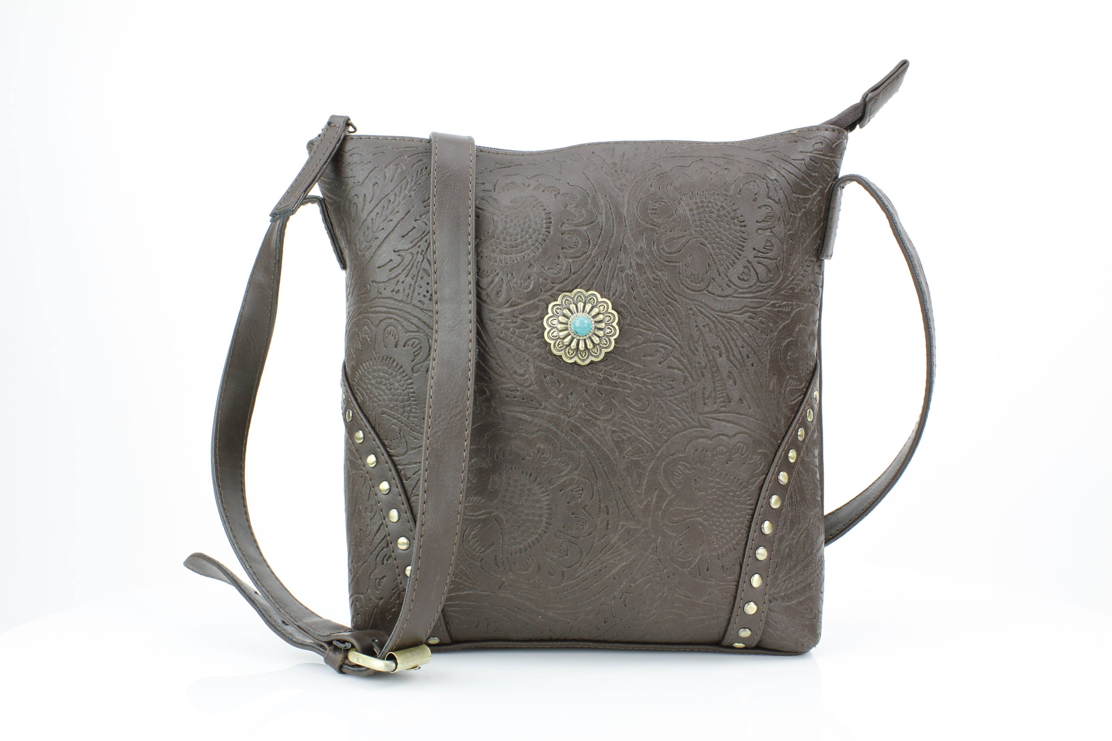 Vegan Leather Filigree Messenger with Concho RMHB 40 2504: Tan