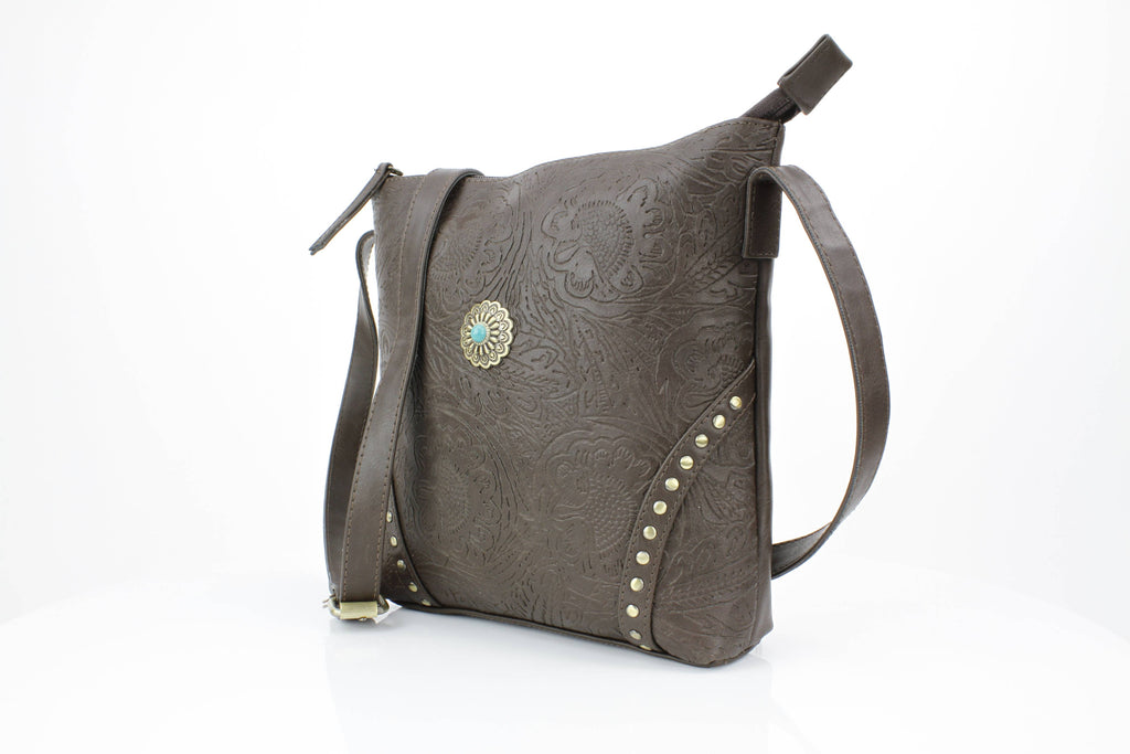 Vegan Leather Filigree Messenger with Concho RMHB 40 2504: Tan