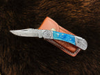 Damascus Steel Knife  - Steel Pocket Knife Dyed Blue Bone 6.5''