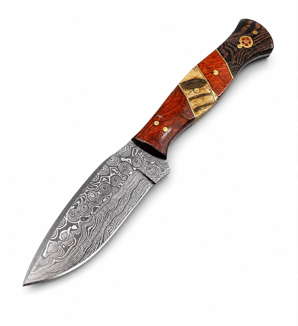 Damascus Steel Drop Point Hunting Knife – Wenge, Camel Bone & Rosewood Handle -TKT-10