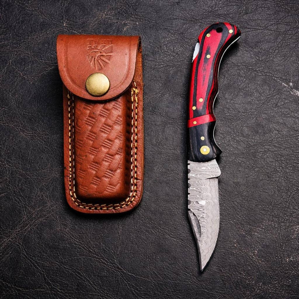 Damascus Steel – Trailing Point Folding Pocket Knife – Red & Black Pakkawood Handle – Brass Hardware & Leather Sheath – Hunting, Camping & EDC - TF-077