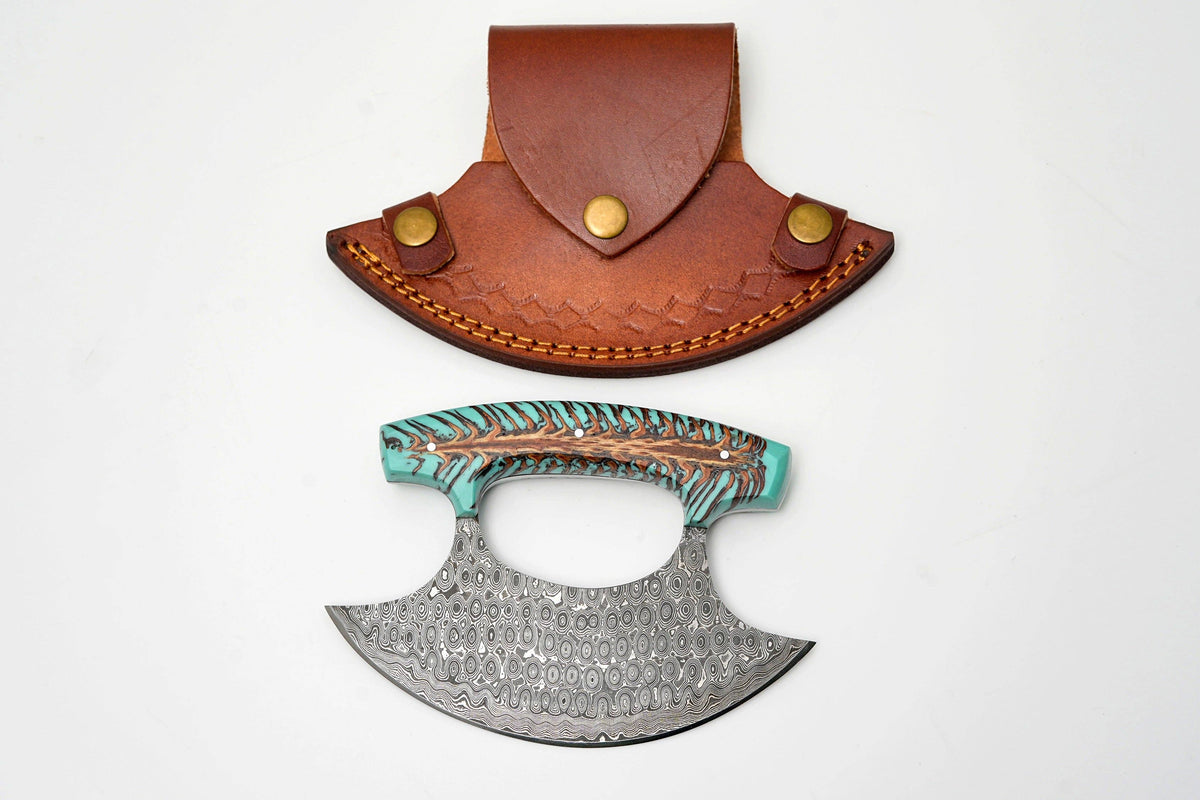 Damascus Steel Ulu Knife | Teal Pine Cone Handle | Crescent Blade Skinner & Cutter TK-487