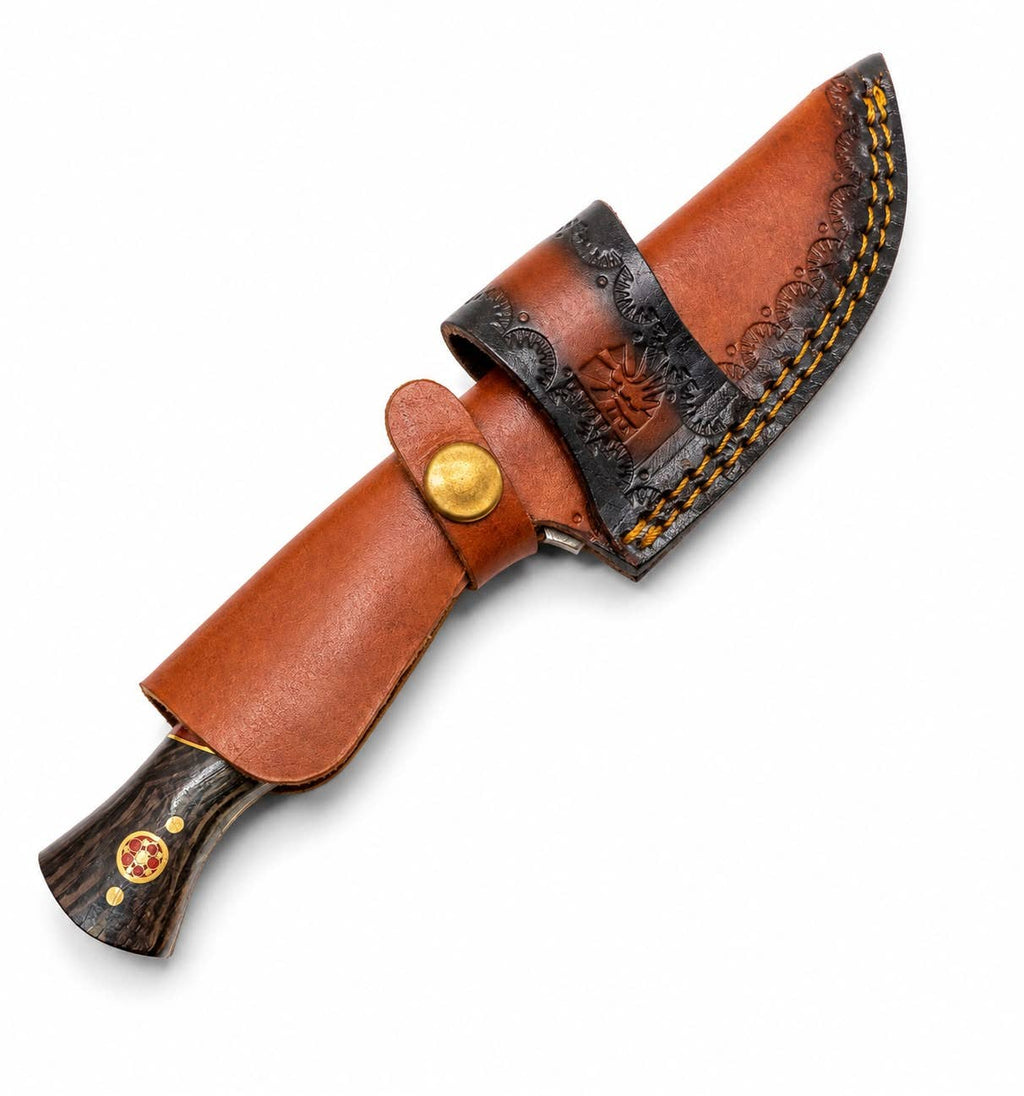 Damascus Steel Drop Point Hunting Knife – Wenge, Camel Bone & Rosewood Handle -TKT-10