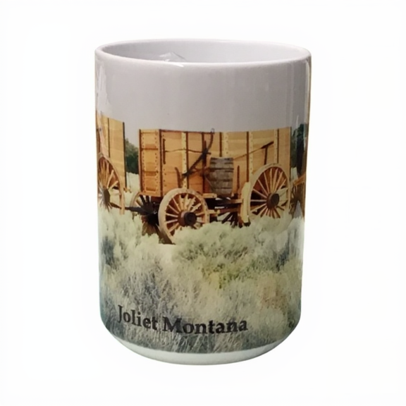 Mug with a wagon image and 'Joliet Montana' text on a white background