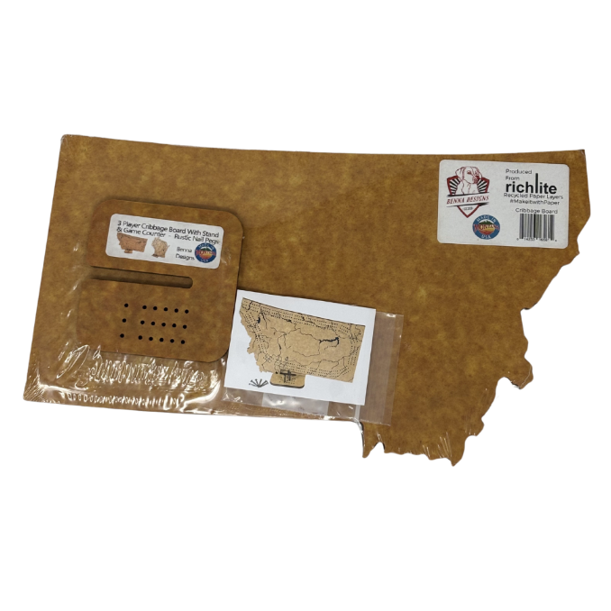 Brown decorative item shaped like a state, with packaging and Richlite label.