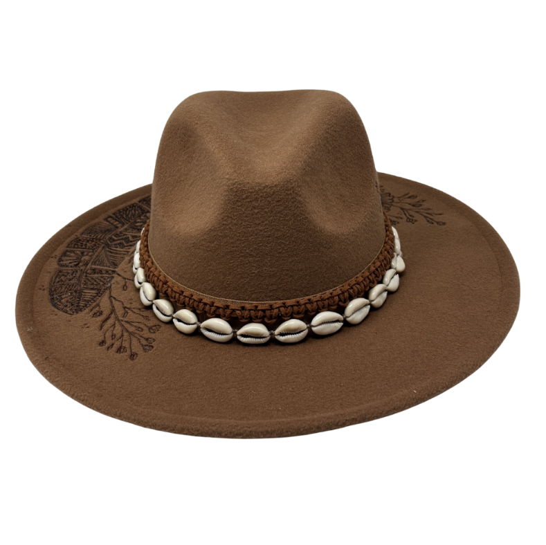 Brown cowboy hat with decorative band on a white background