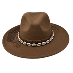 Brown cowboy hat with decorative band on a white background