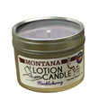 Montana Lotion Candle with Huckleberry scent in a metal tin on a white background