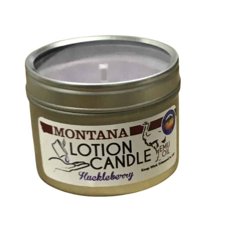 Montana Lotion Candle with Huckleberry scent in a metal tin on a white background