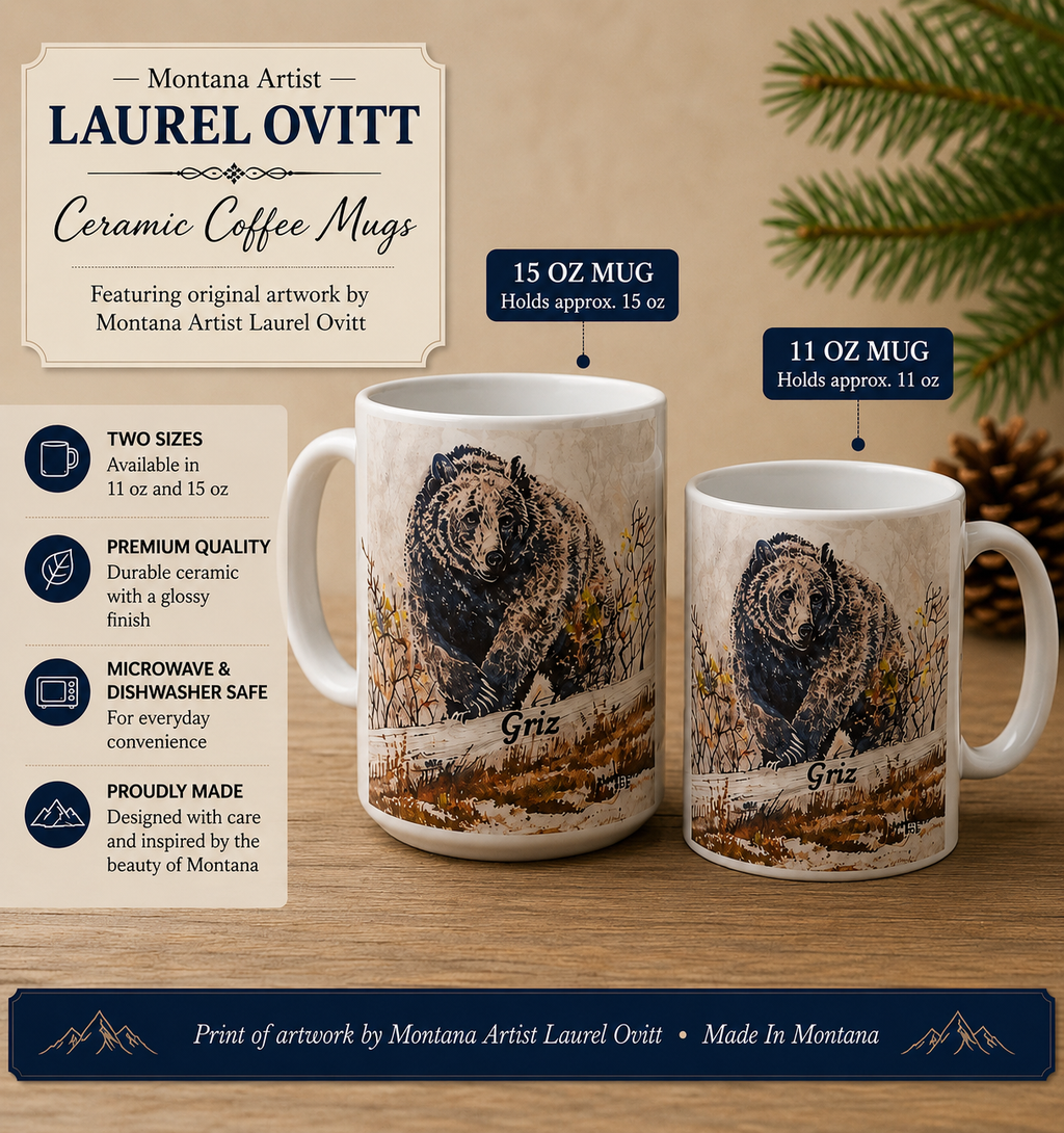 Griz Coffee Mugs  -  Montana Artist Laurel Ovitt