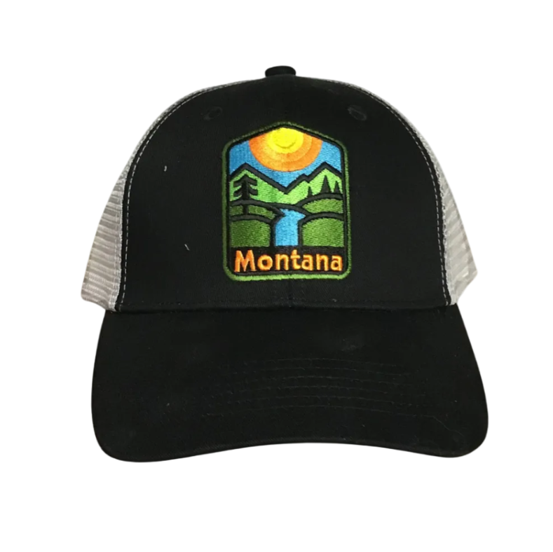 Black trucker cap with a 'Montana' logo on a white background