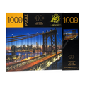 Jigsaw puzzle packaging featuring a cityscape with a bridge at night.