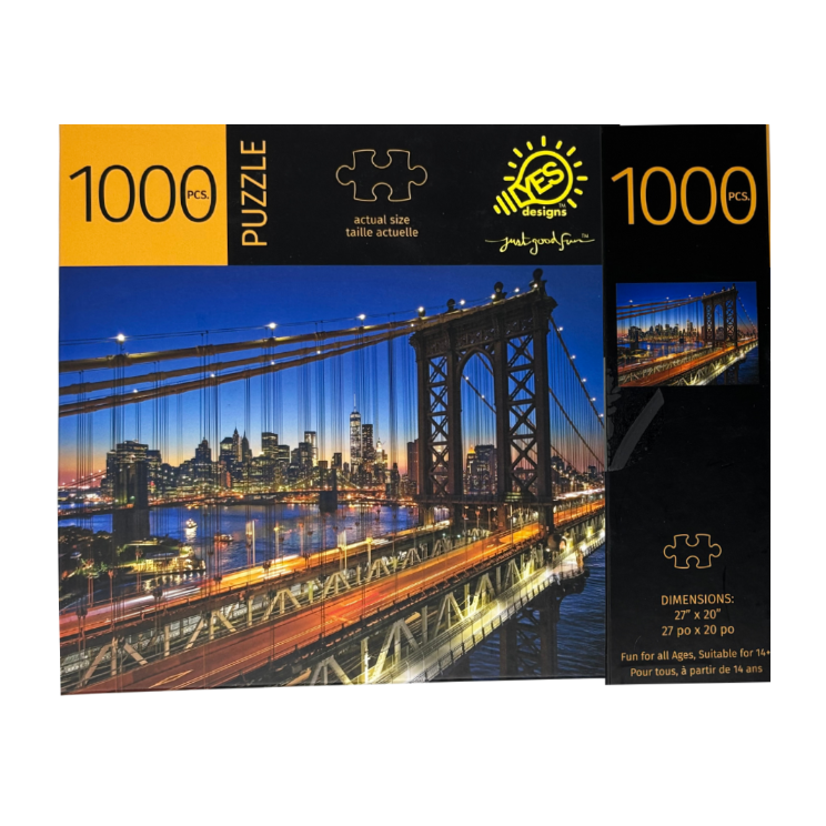 Jigsaw puzzle packaging featuring a cityscape with a bridge at night.