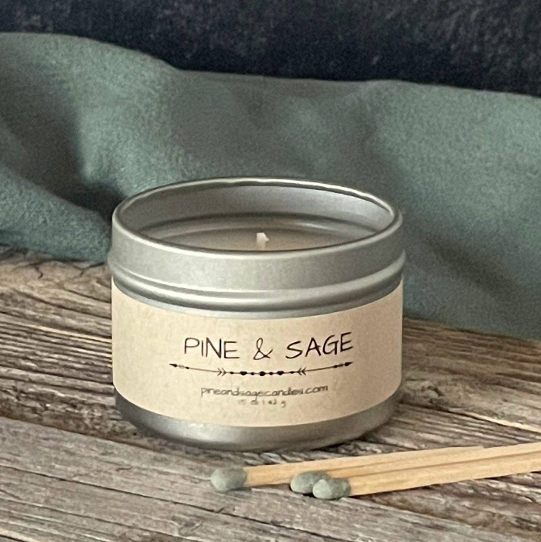 Pine and Sage. Silver Matte Candle Tin: 2 oz
