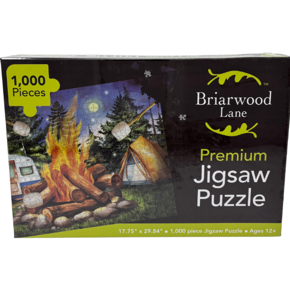 Briarwood Lane premium jigsaw puzzle packaging with a campfire scene on a black background