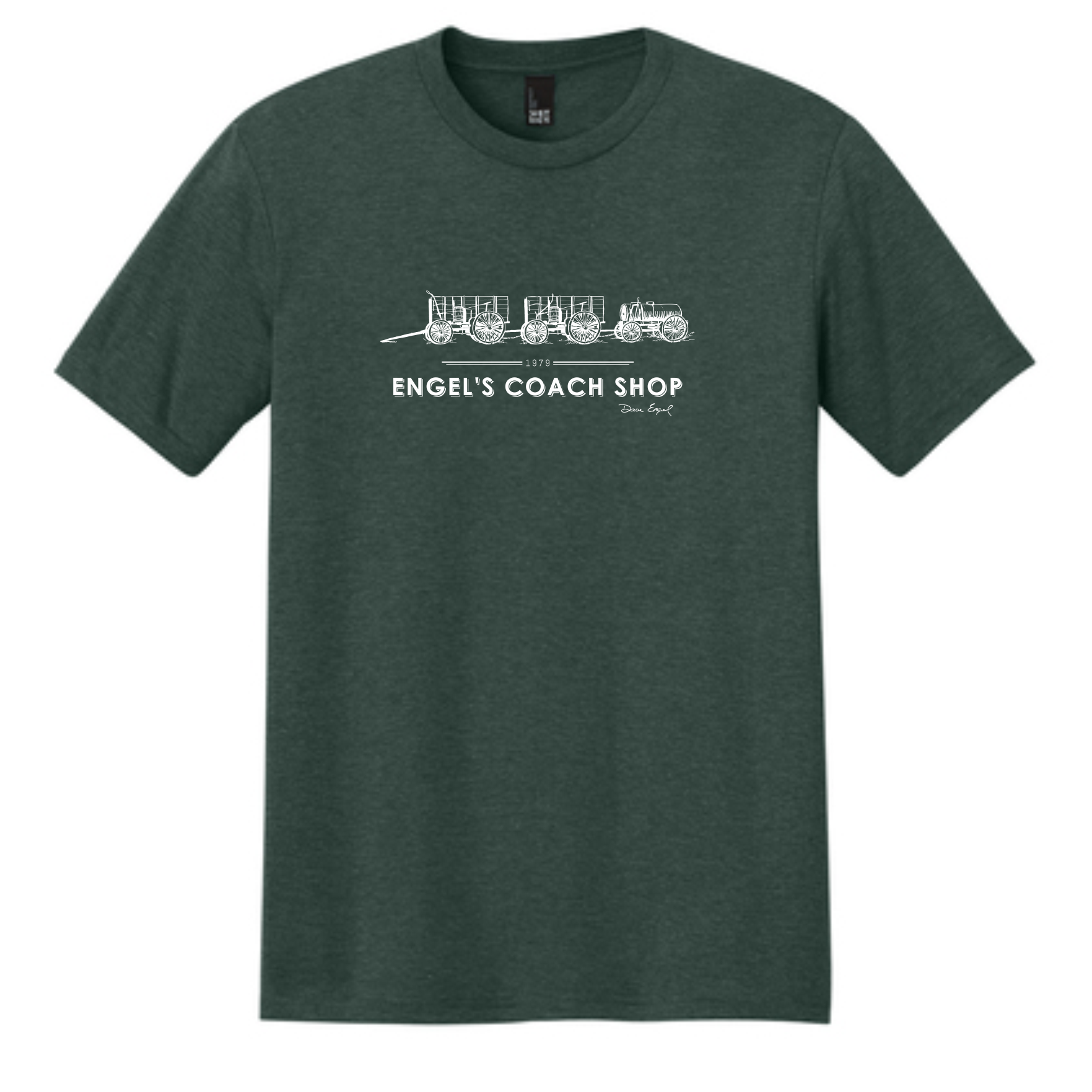 Green t-shirt with white text and graphics on a white background