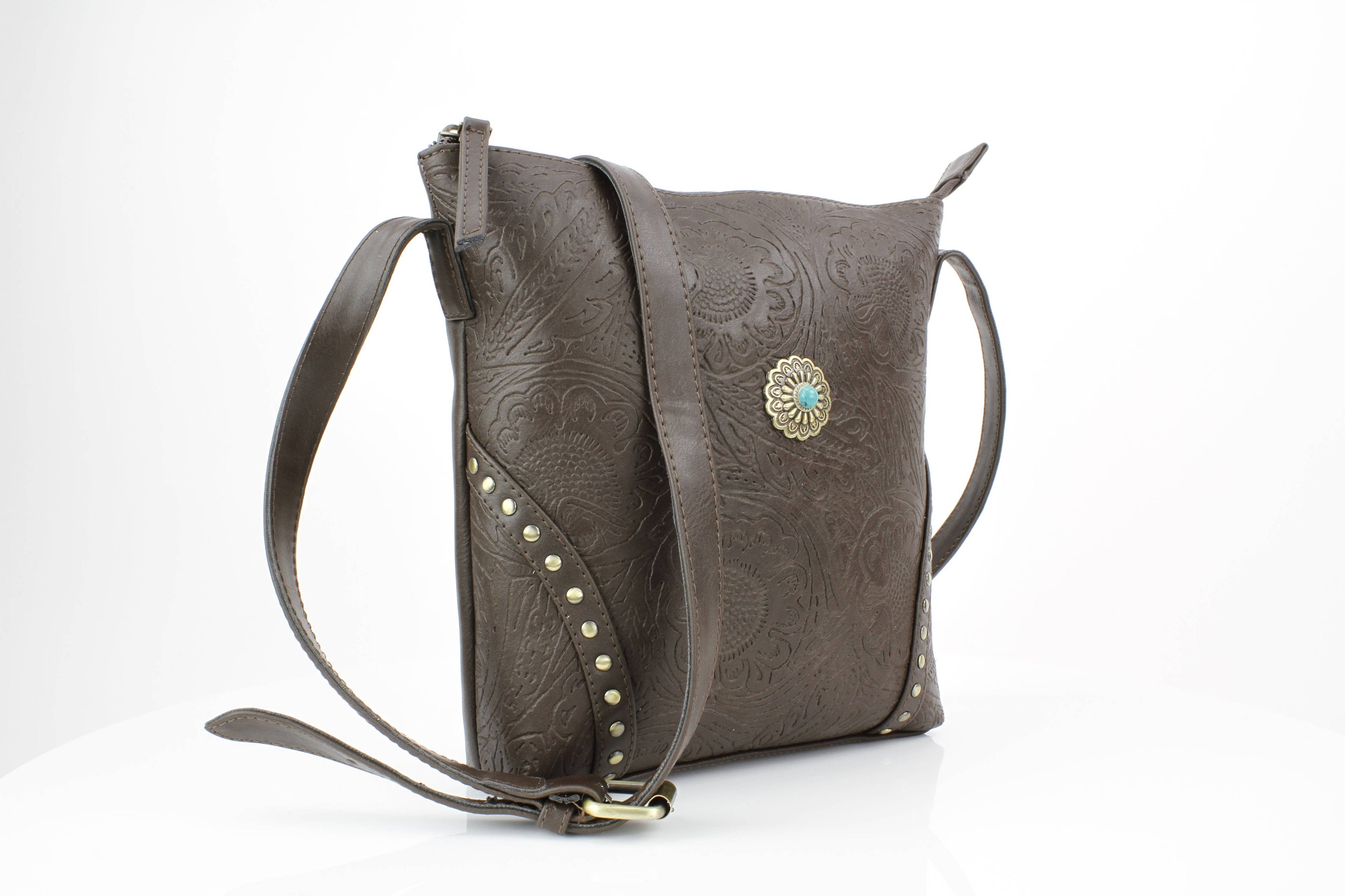 Vegan Leather Filigree Messenger with Concho RMHB 40 2504: Tan