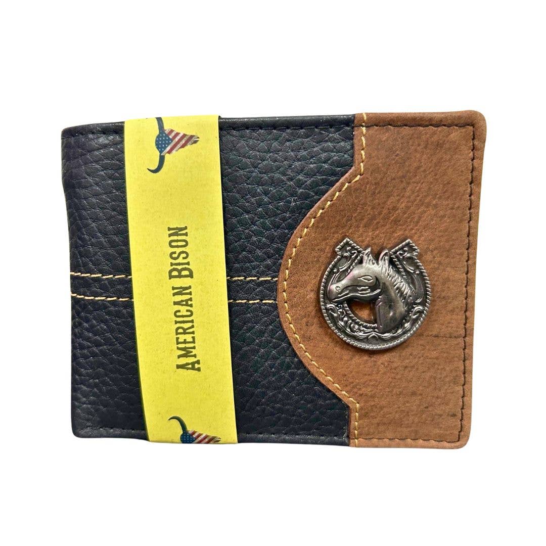 Mixed Media Two Tone Bifold Rodeo Wallet w/ Medallion AB1916: Black / Eagle