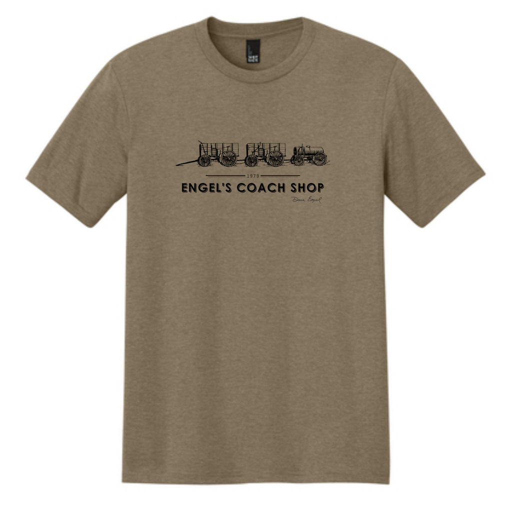 Brown t-shirt with black graphic and text on a white background