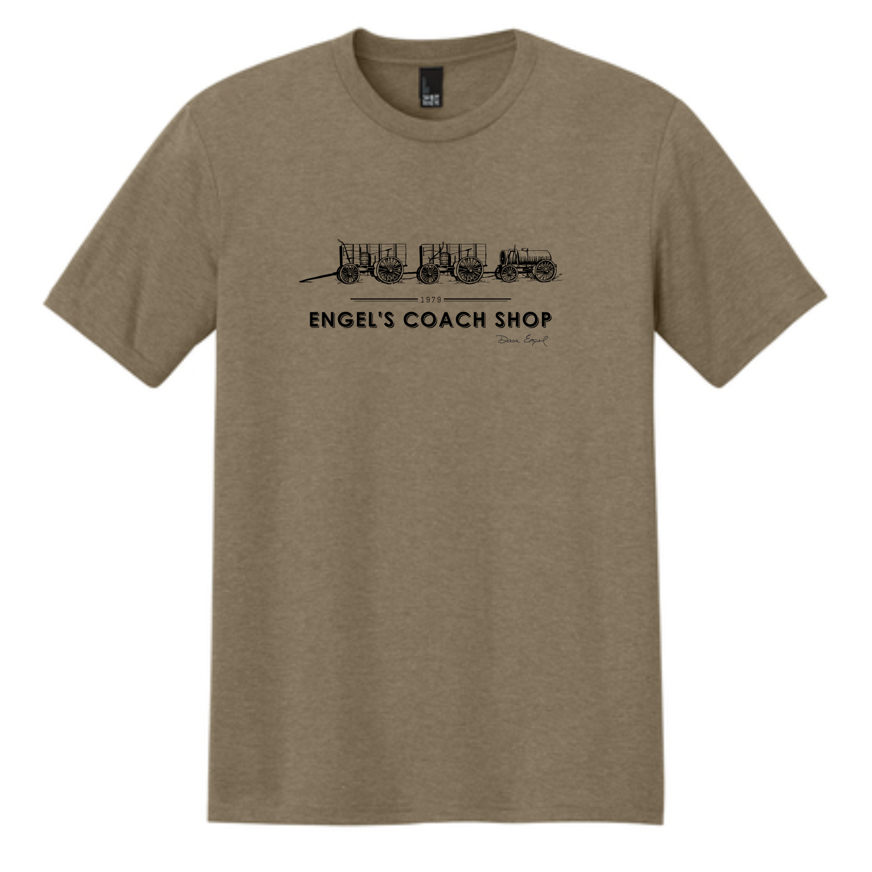Brown t-shirt with black graphic and text on a white background