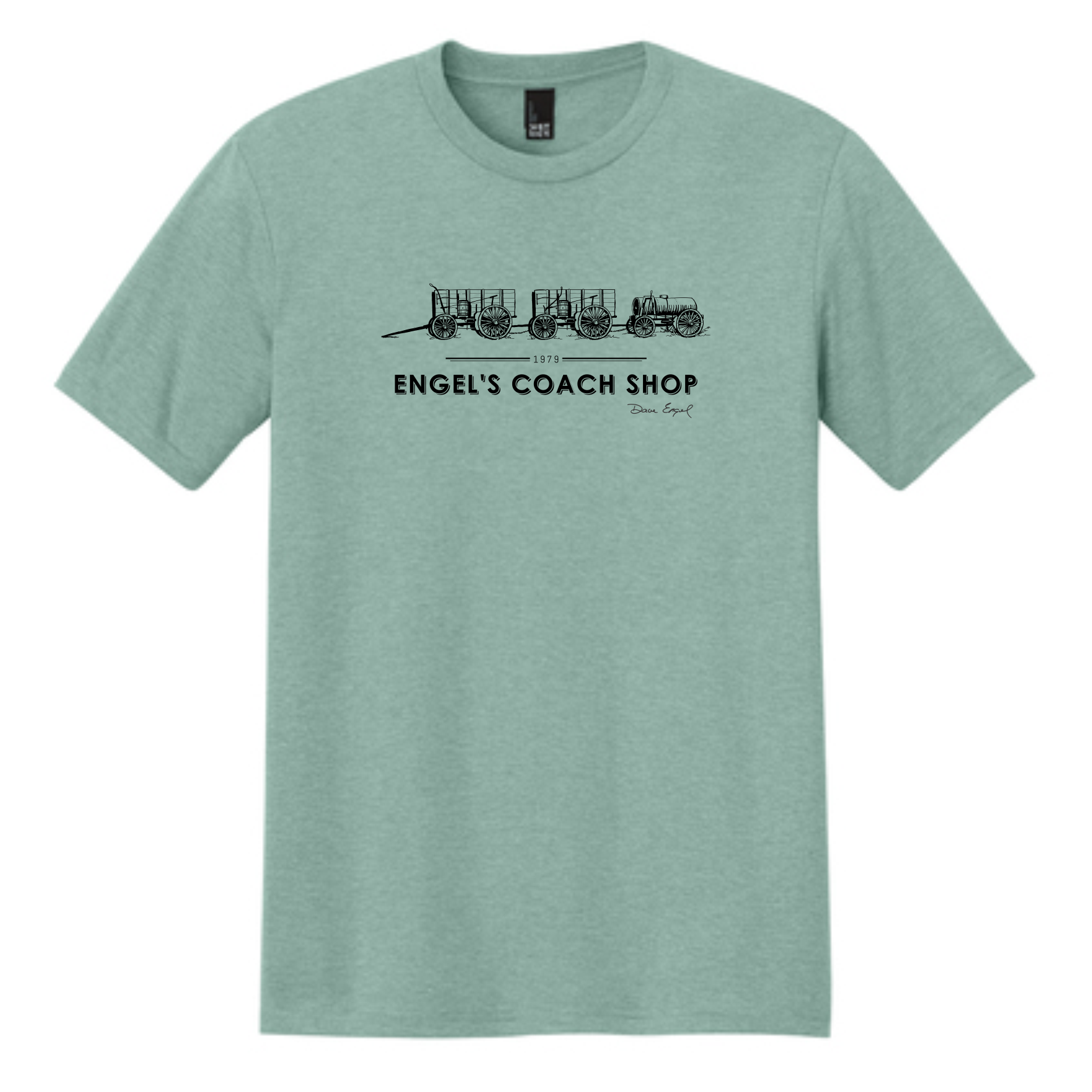 Green t-shirt with black graphic and text on a white background