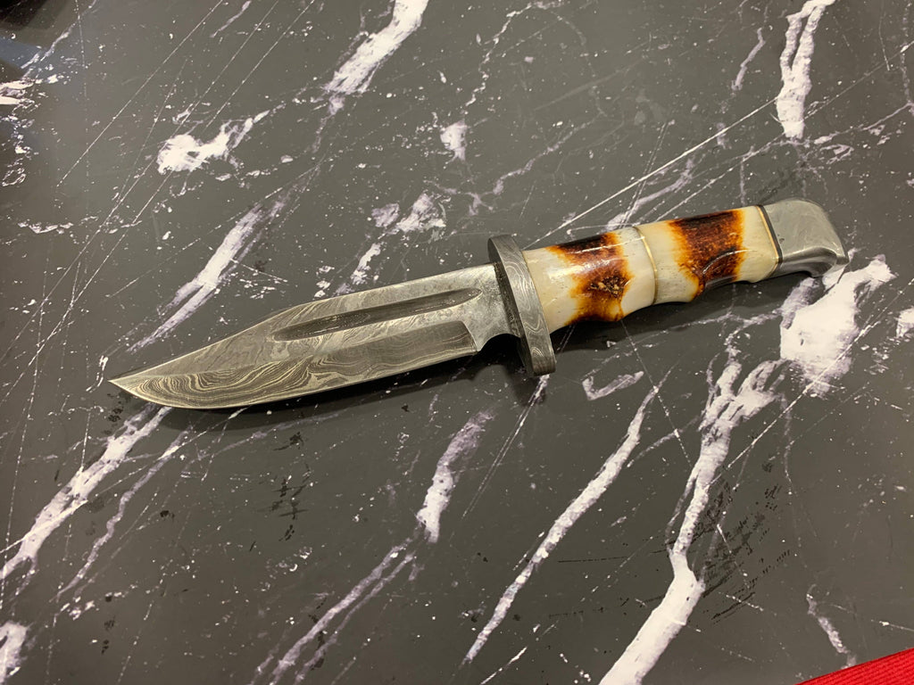 Damascus Hunting Knife Full Tang with Damascus Hilt Custom T: Burnt Bone / ML