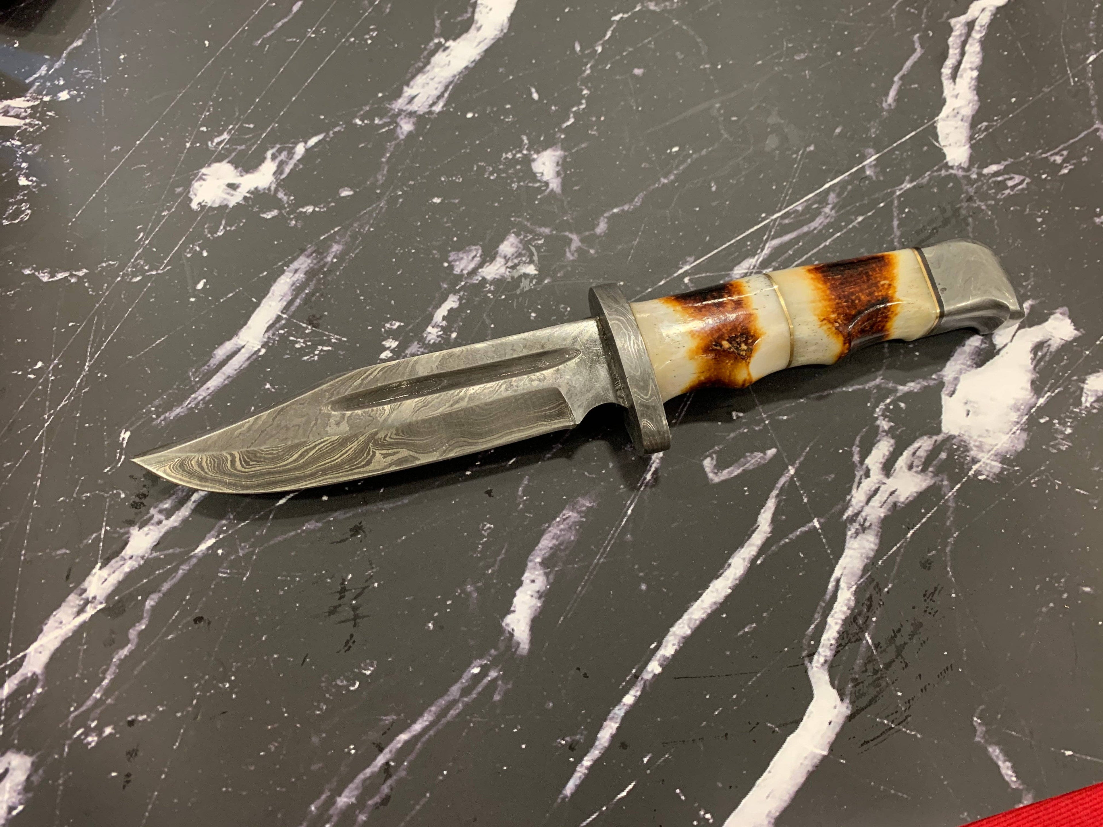 Damascus Hunting Knife Full Tang with Damascus Hilt Custom T: Burnt Bone / ML