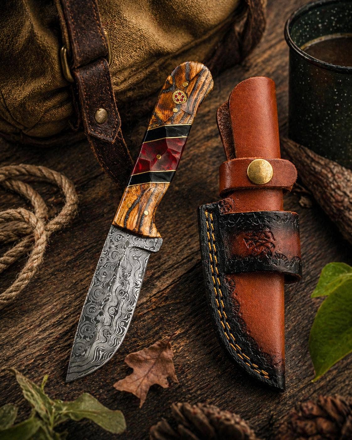 Hand-Forged Damascus Steel Drop Point Knife