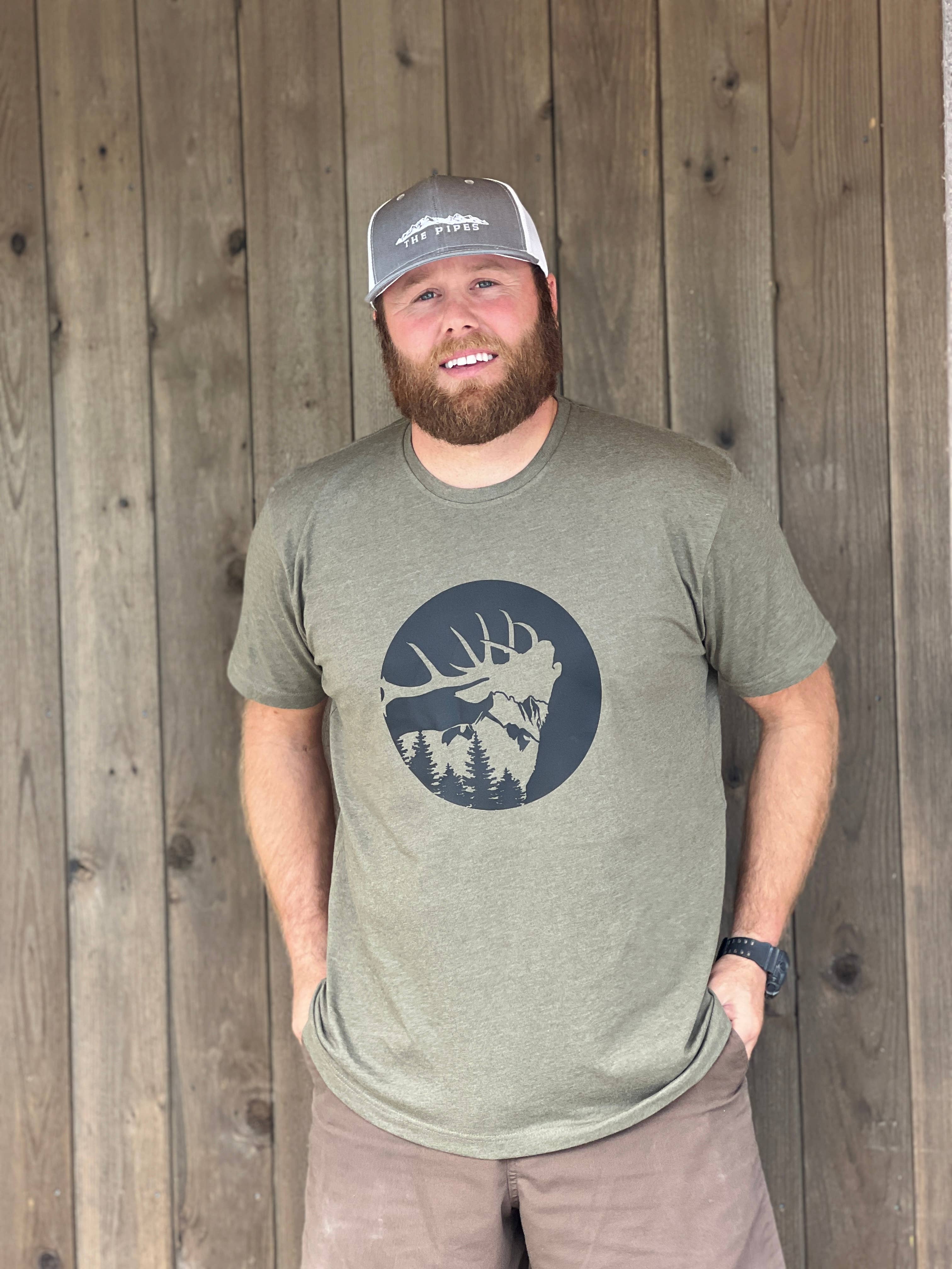 Bugling Bull Elk Adult Tee: Military Green / MT