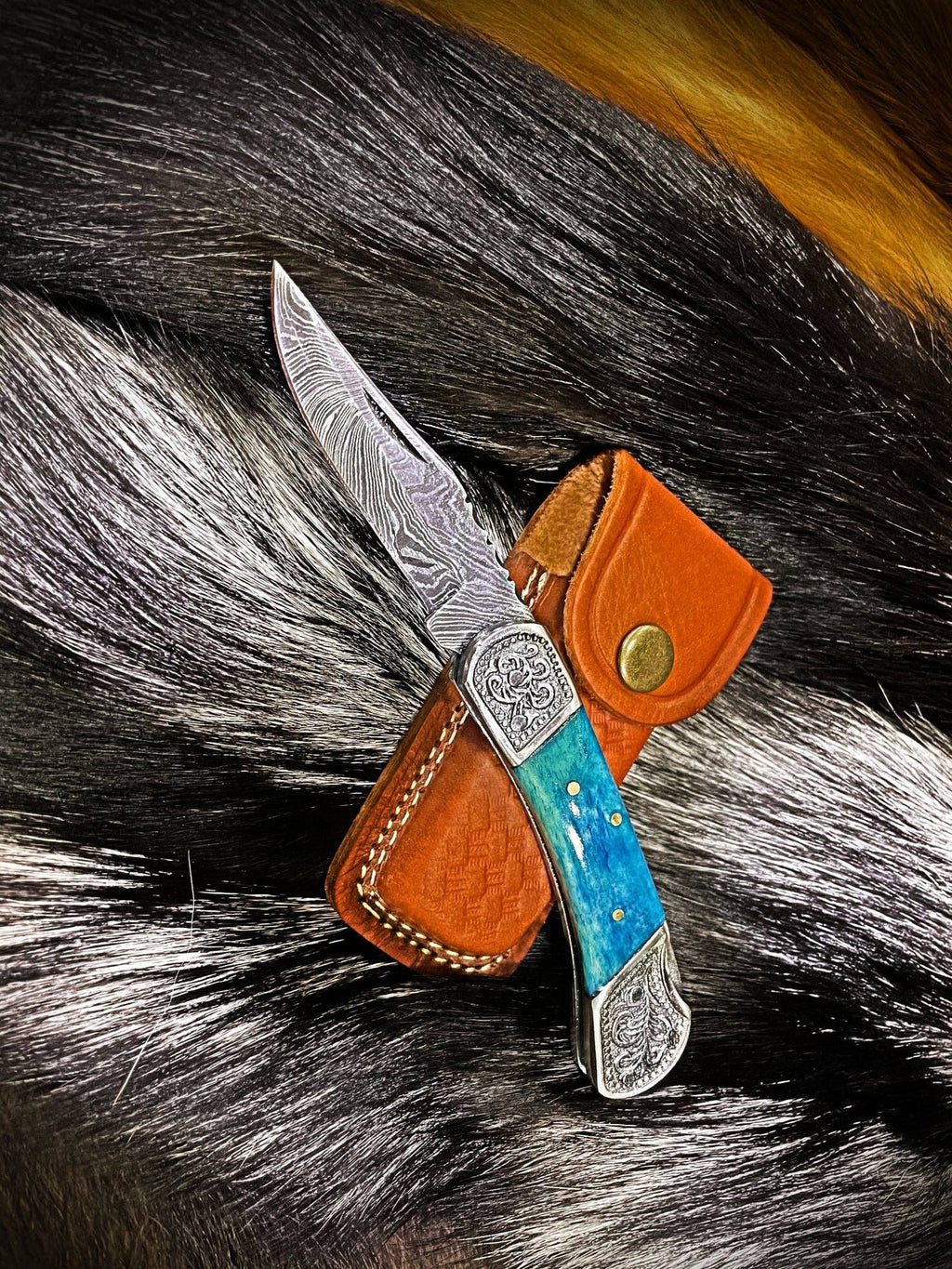 Damascus Steel Knife  - Steel Pocket Knife Dyed Blue Bone 6.5''