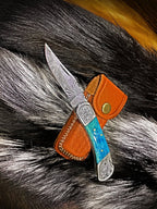 Damascus Steel Knife  - Steel Pocket Knife Dyed Blue Bone 6.5''