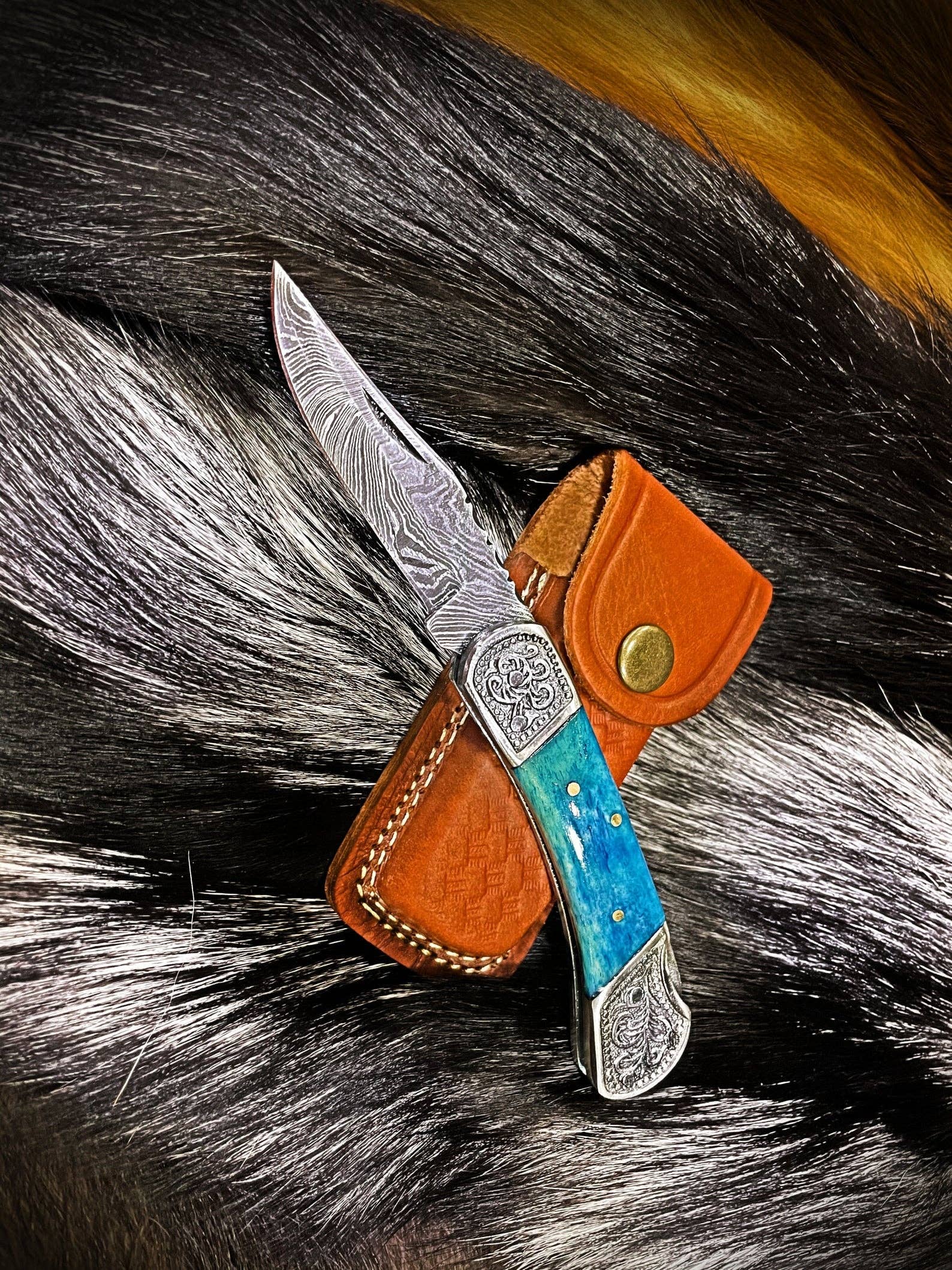 Damascus Steel Knife  - Steel Pocket Knife Dyed Blue Bone 6.5''