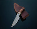 DAMASCUS STEEL FIXED BLADE KNIFE WITH WALNUT & STAG HORN HANd