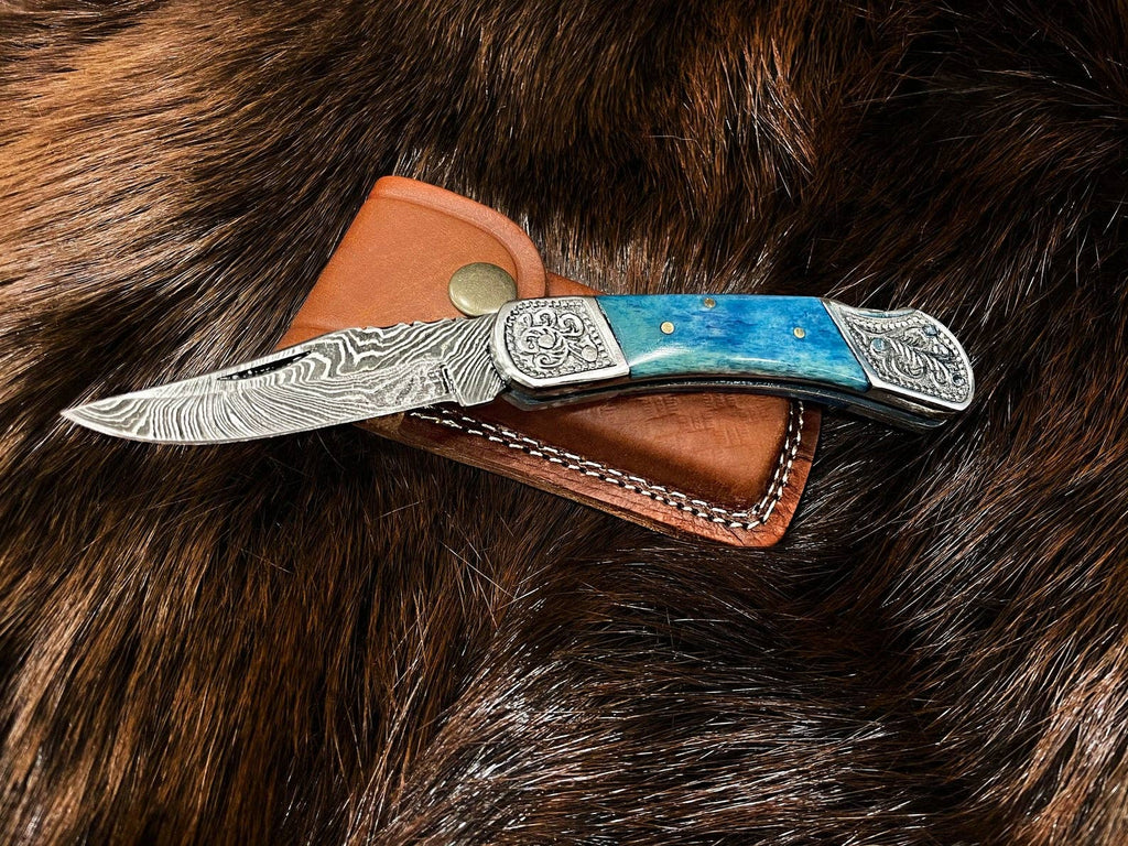 Damascus Steel Knife  - Steel Pocket Knife Dyed Blue Bone 6.5''