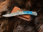 Damascus Steel Knife  - Steel Pocket Knife Dyed Blue Bone 6.5''