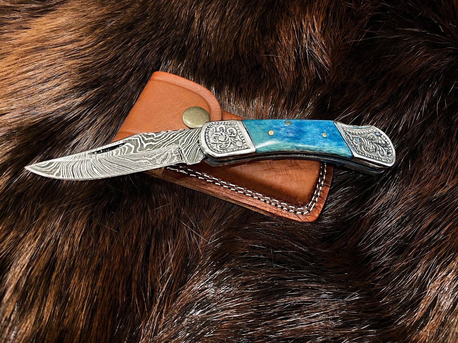 Damascus Steel Knife  - Steel Pocket Knife Dyed Blue Bone 6.5''
